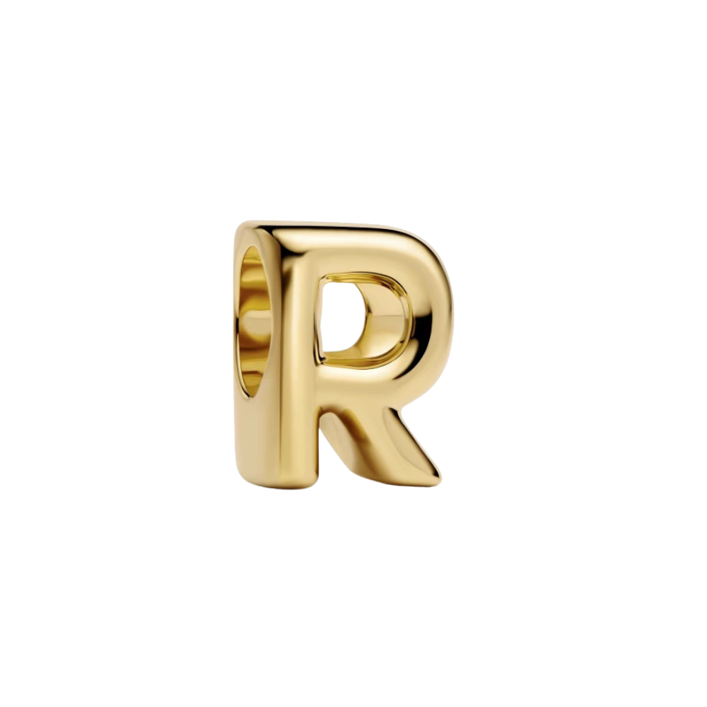 Gold Alphabet Charms A–Z, shiny gold letter R charm, perfect for personalized jewelry.