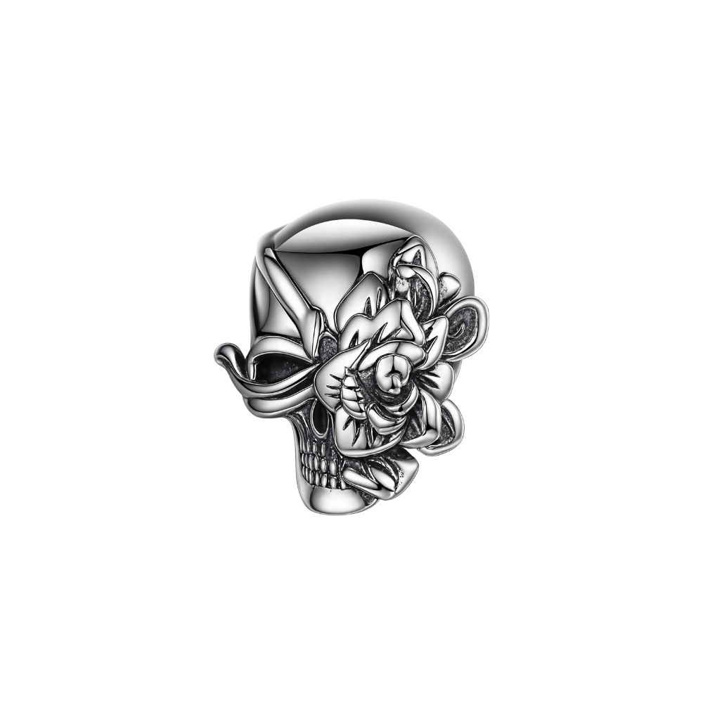 Dark Rose Skull Charm featuring a silver skull and intricately designed blooming rose.
