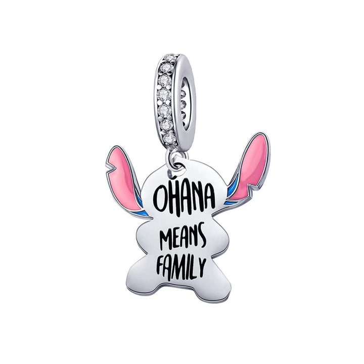 Disney Lilo and Stitch Ohana Family Dangle Charm featuring Stitch's silhouette and 'Ohana Means Family' engraving.