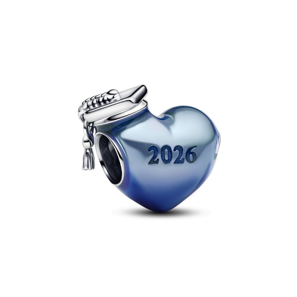 2026 Blue Heart Graduation Charm featuring a blue enamel heart and silver graduation cap.