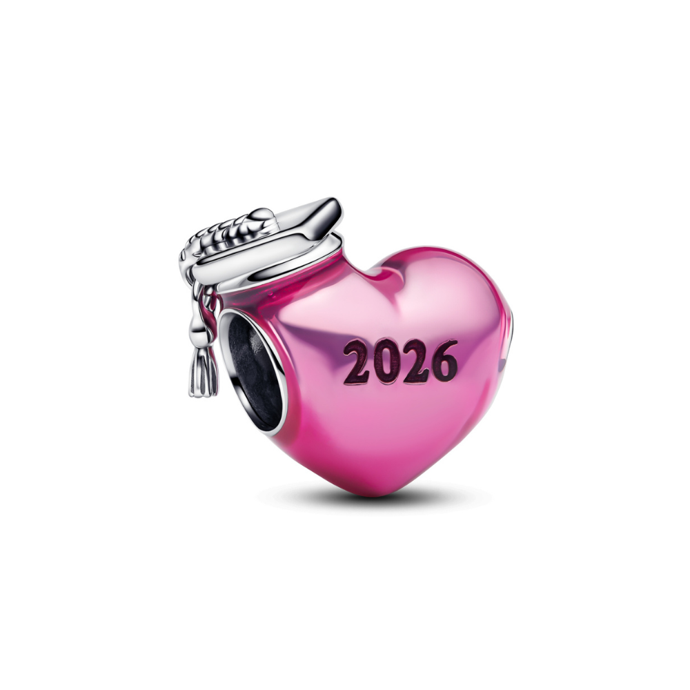 2026 Pink Heart Graduation Charm featuring a hot pink heart design and silver graduation cap and tassel.