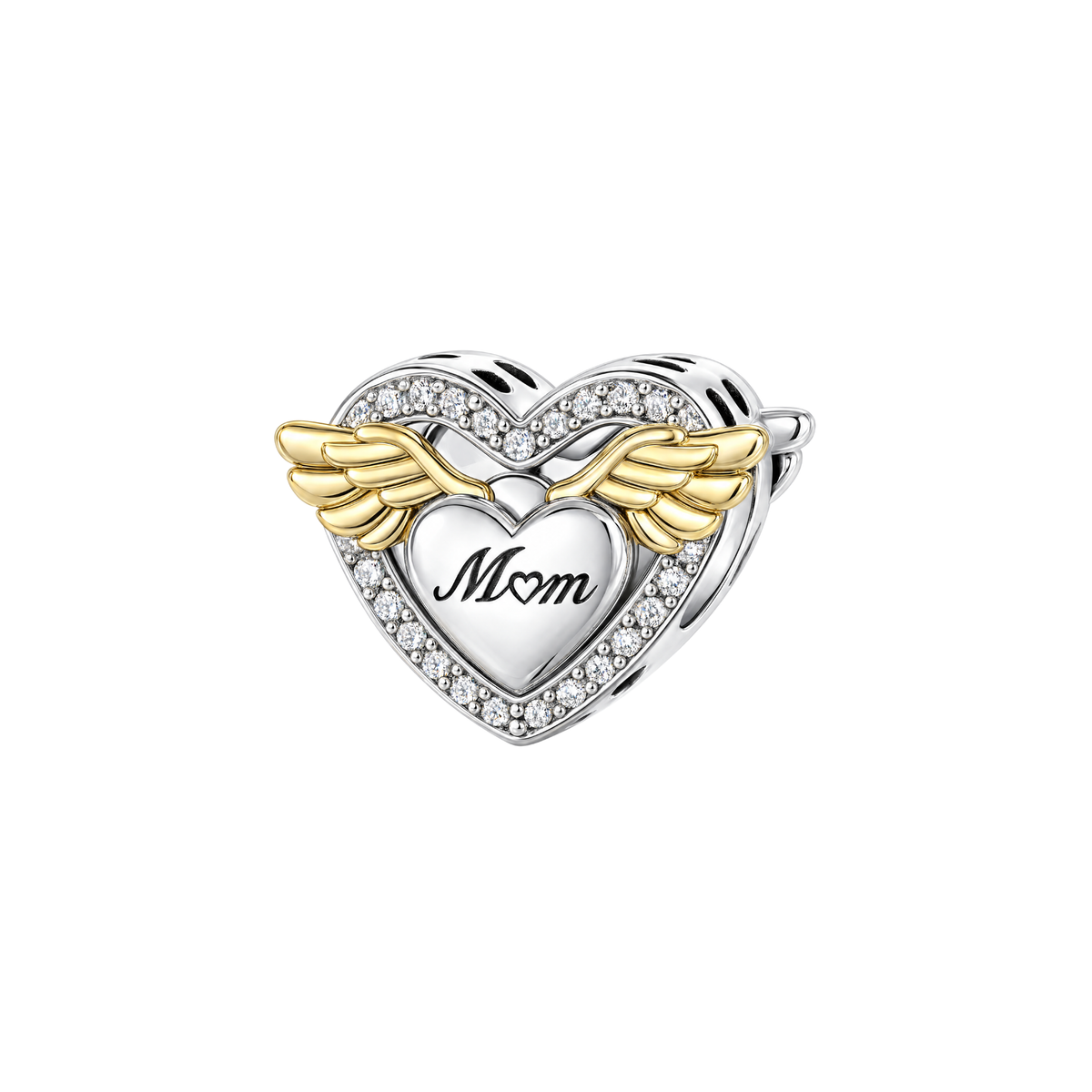 Golden Wings Mum Angel Heart Charm featuring a silver heart with a pave stone border and gold angel wings.