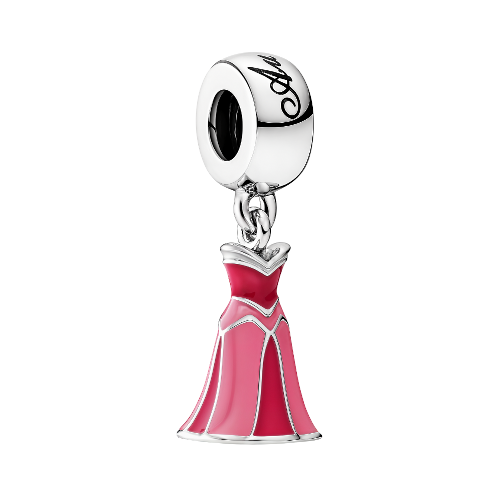 Disney Sleeping Beauty Aurora Dress Dangle Charm featuring a pink gown with silver detailing and elegant design.