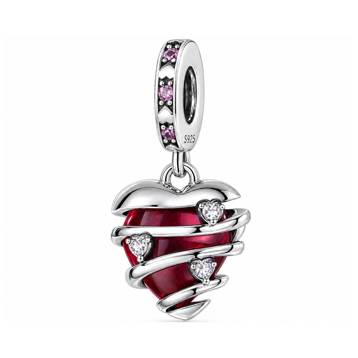 Sparkling Red Wrapped Heart Dangle Charm featuring a deep red heart wrapped in silver ribbon with three heart-cut crystal stones.