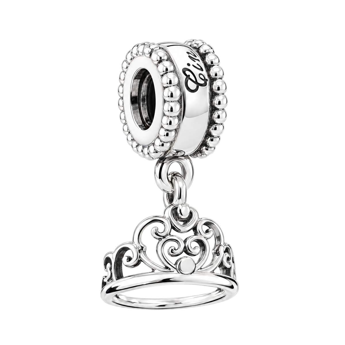 Disney Cinderella Crown Dangle Charm in sterling silver featuring an intricate royal tiara design.