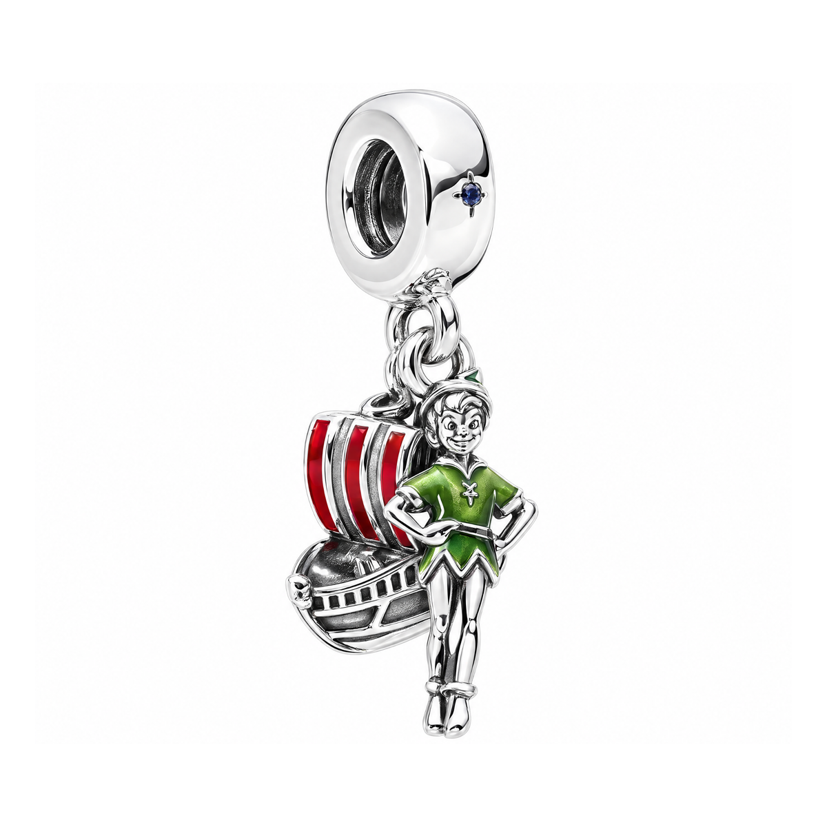 Disney Tinker Bell Peter Pan and Ship Dangle Charm in sterling silver featuring Peter Pan and a pirate ship with red sails.