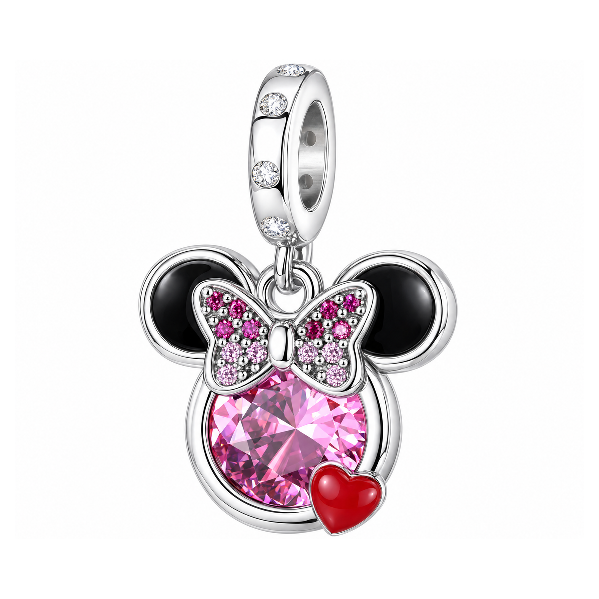 Silver Disney Minnie Mouse Sparkling Pink Gem Dangle Charm featuring a pink crystal, sparkling bow, and red heart.
