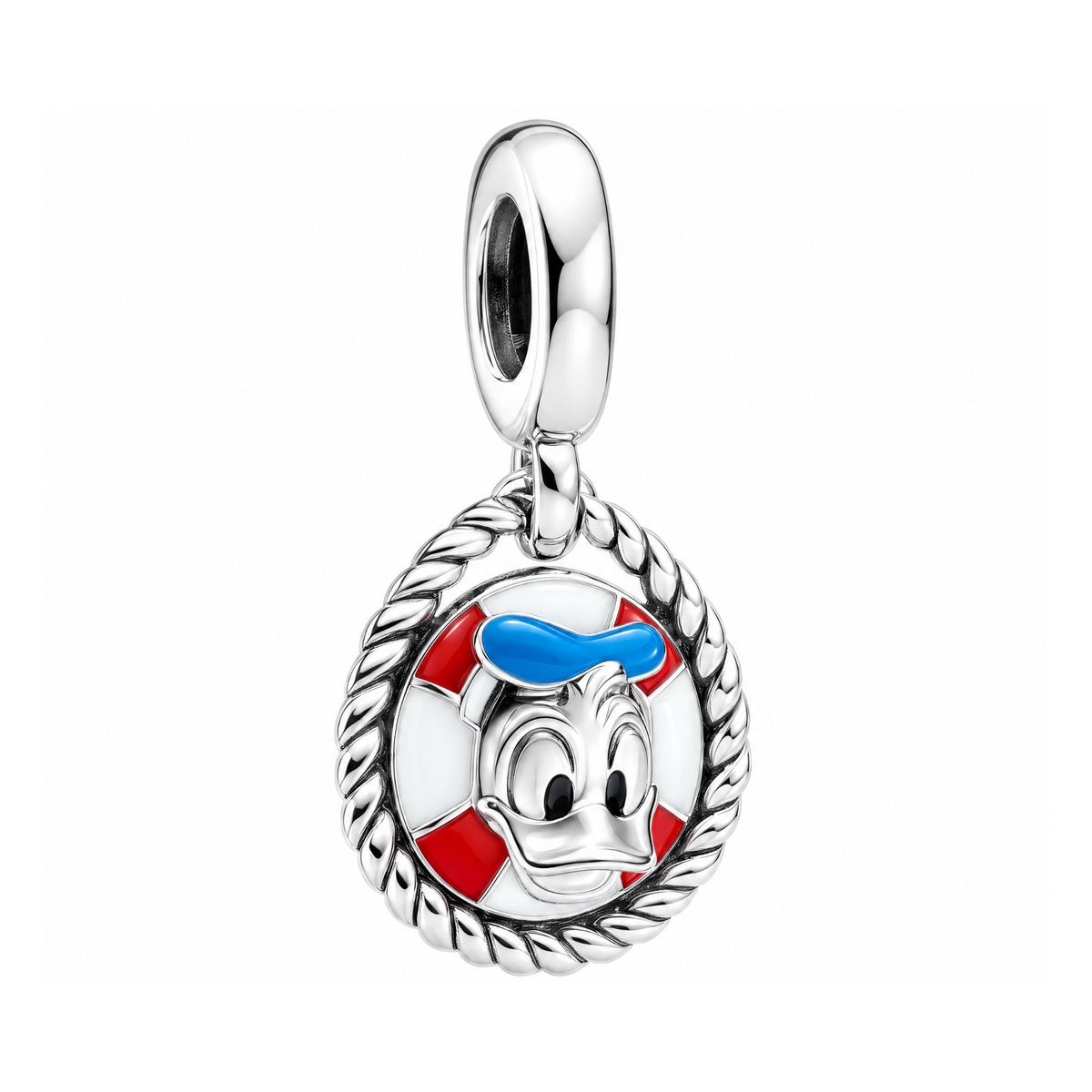Silver Disney Donald Duck Captain Dangle Charm featuring Donald inside a red and white lifebuoy with a blue sailor hat and rope border.