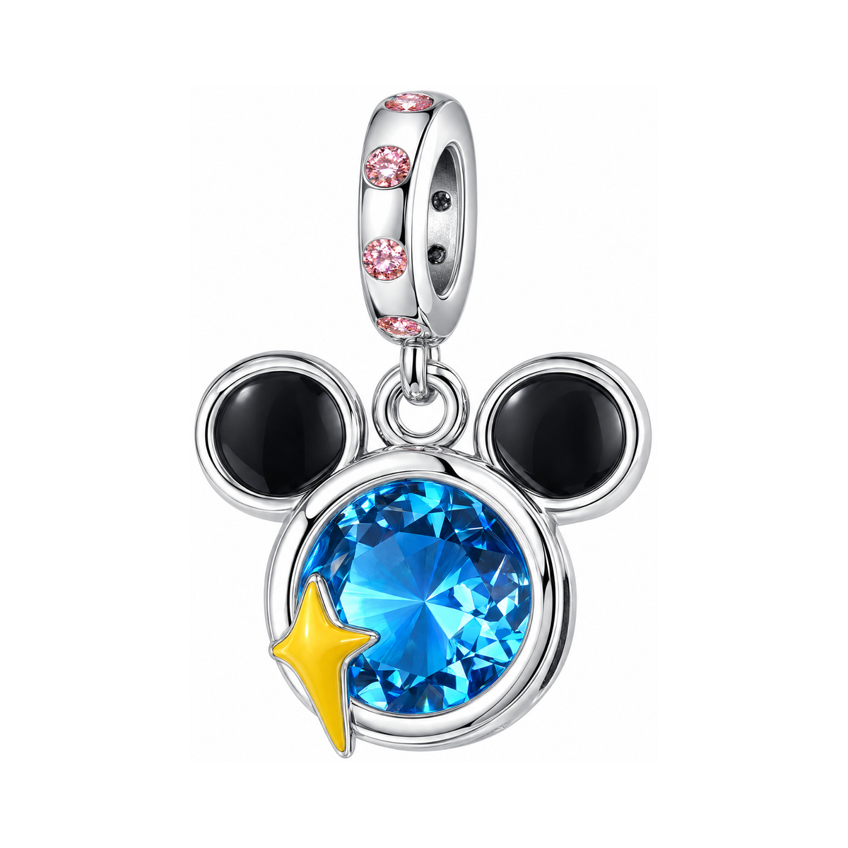 Disney Mickey Mouse Blue Gem Dangle Charm featuring a sparkling blue crystal center, black ears, and a yellow star.
