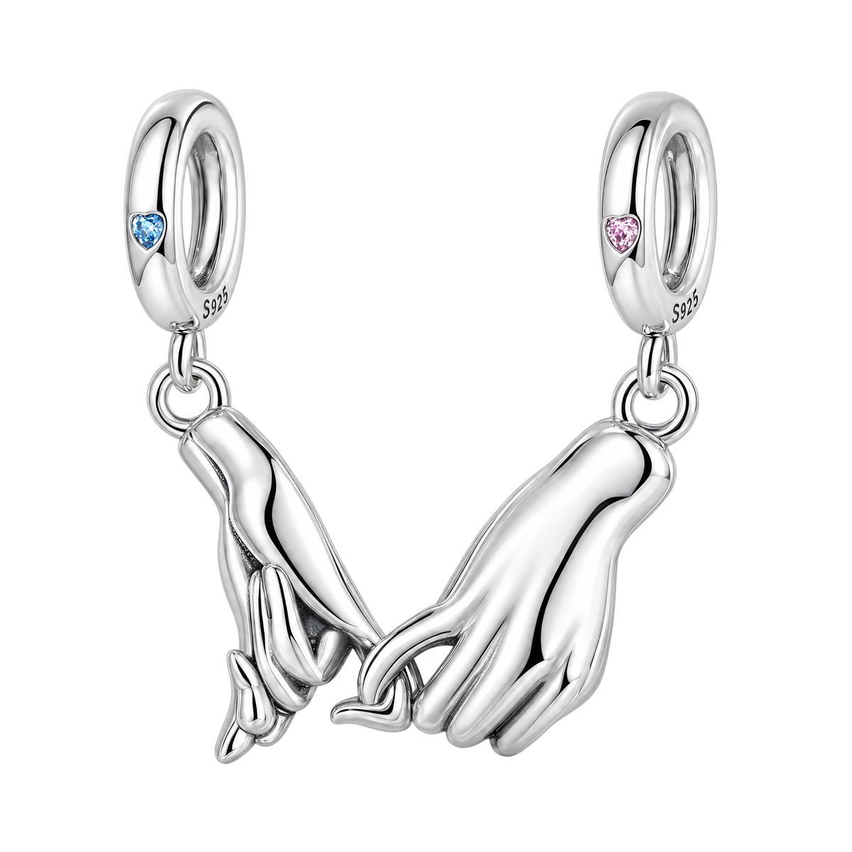 Pinky Promise Couples Split Pendant: Silver skeletal and smooth hand charms holding pinkies with blue and pink heart crystal bails.