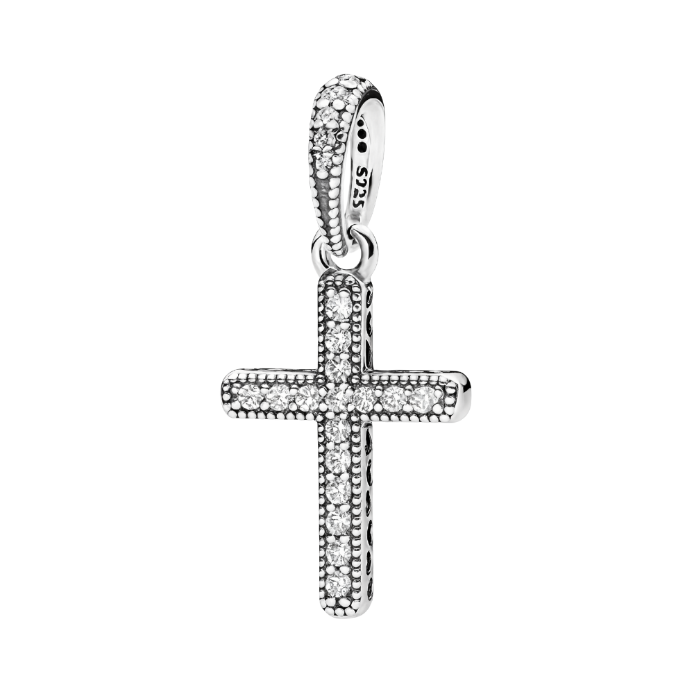 Gleaming Sparkling Cross Pendant, elegant silver cross pendant with clear pavé crystals and detailed beaded edge.