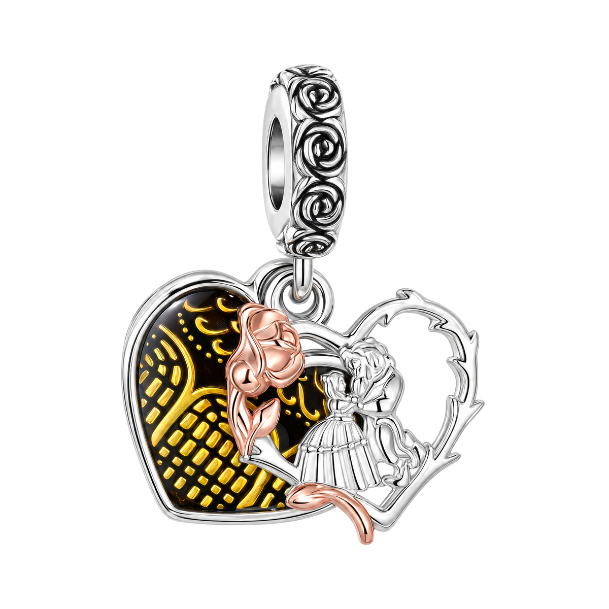 Disney Beauty and the Beast Belle and Beast Heart Dangle Charm with rose gold rose and yellow gold details.