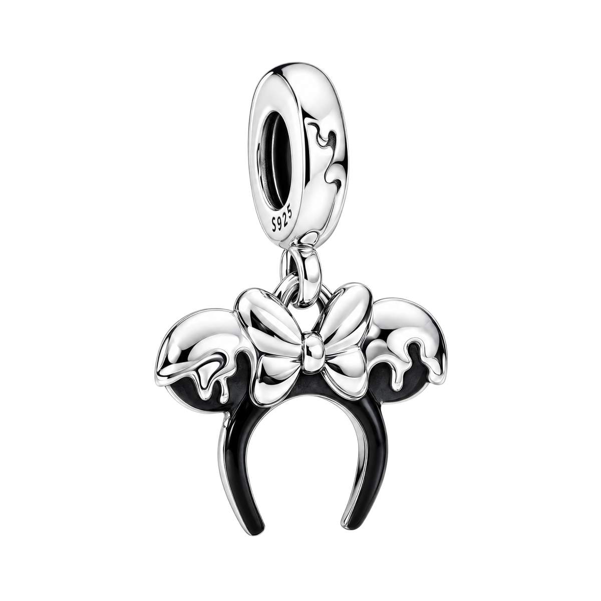 Silver Disney Minnie Mouse Black Bow Headband Dangle Charm with black enamel ears and a polished silver bow.