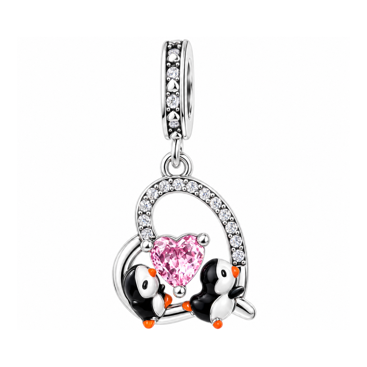 Penguin Couple Sparkling Heart Dangle Charm with two enamel penguins holding a pink heart under a crystal arch.