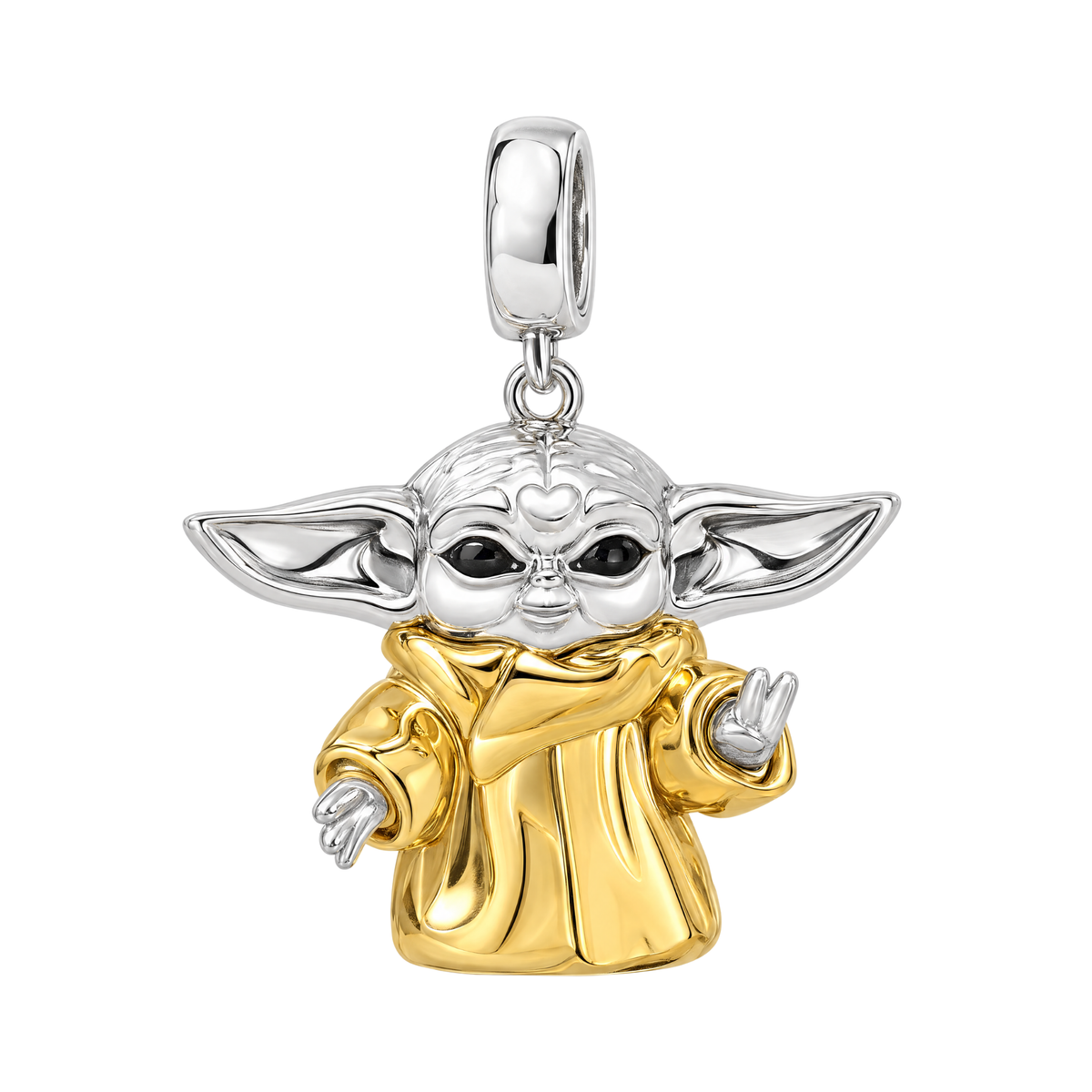 Star Wars Grogu Dangle Charm featuring a silver Grogu with a gold-plated robe and black eyes.