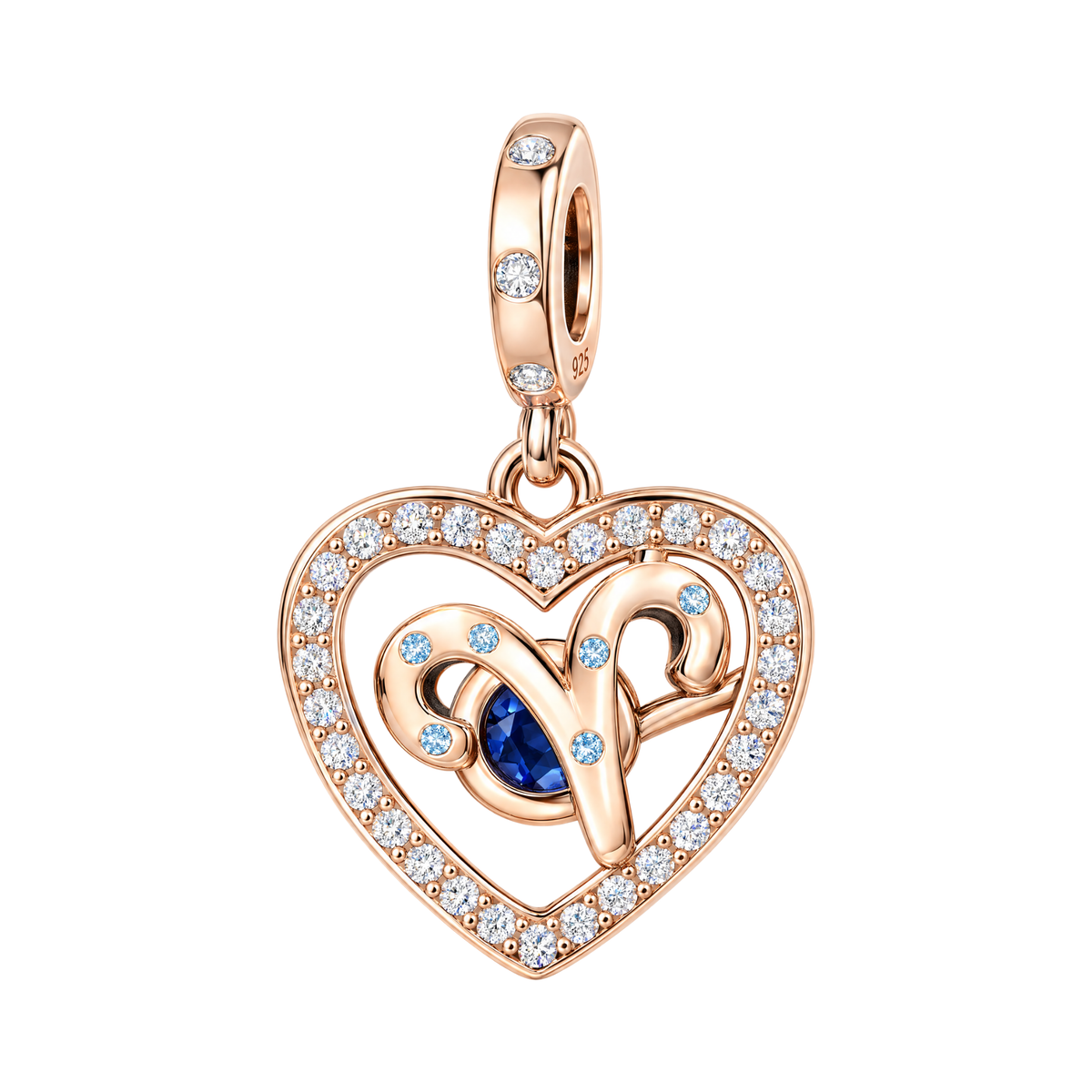 Rose Gold Sparkling Aries Dangle Charm with a heart design, clear pavé crystals, and a blue sapphire centerpiece.