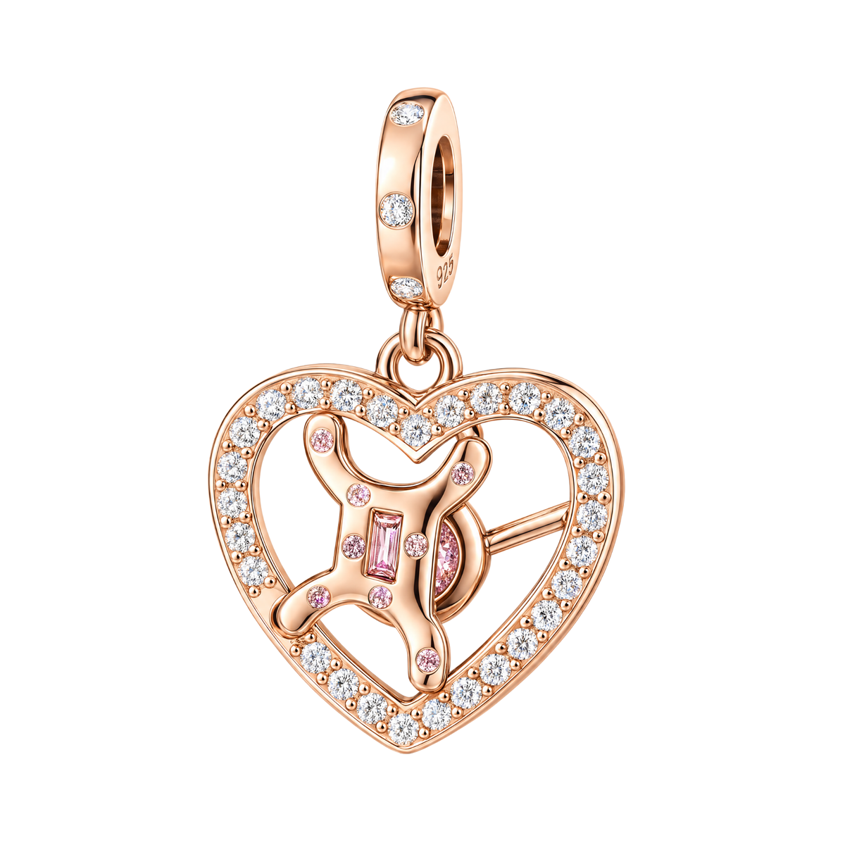 Rose Gold Sparkling Gemini Dangle Charm featuring a crystal-framed open heart and pink zodiac symbol.