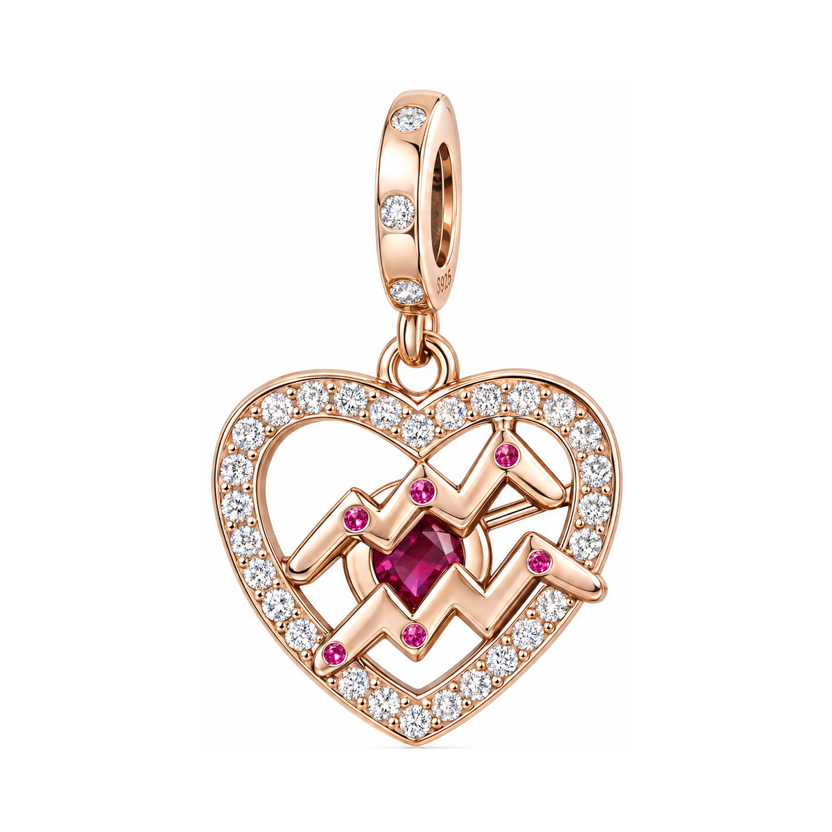 Rose Gold Sparkling Aquarius Dangle Charm with a crystal-framed open heart design and a vibrant pink center stone.