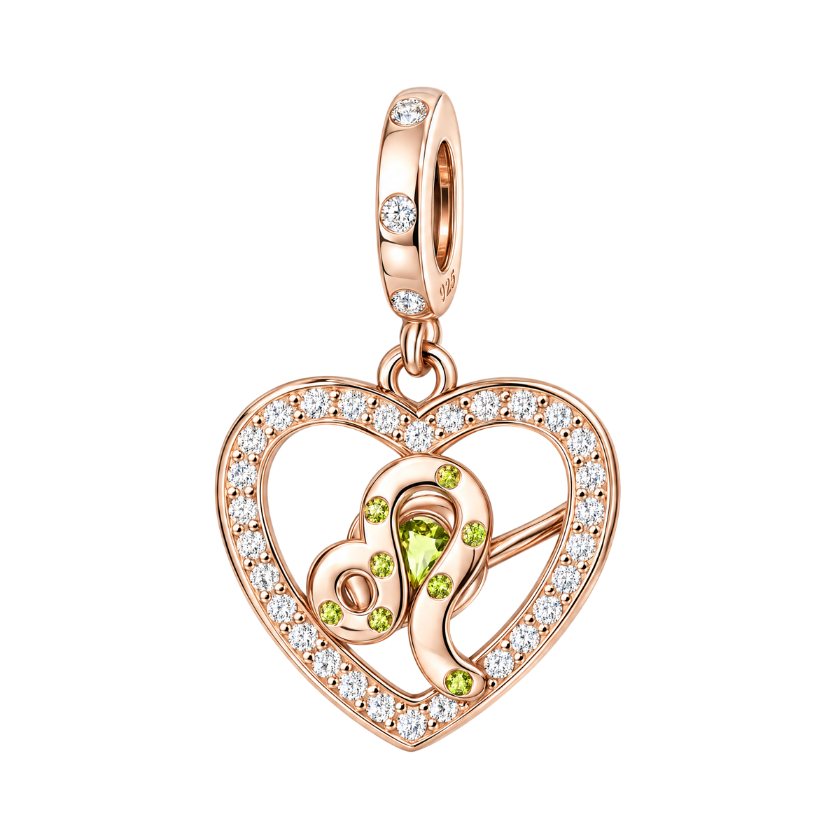 Rose Gold Sparkling Leo Dangle Charm with clear crystals and a peridot green stone.