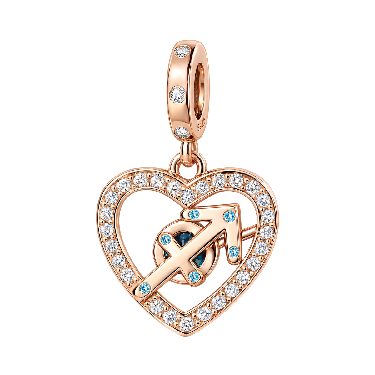 Rose Gold Sparkling Sagittarius Dangle Charm featuring a heart-shaped crystal pavé frame with a teal and aqua archer symbol.