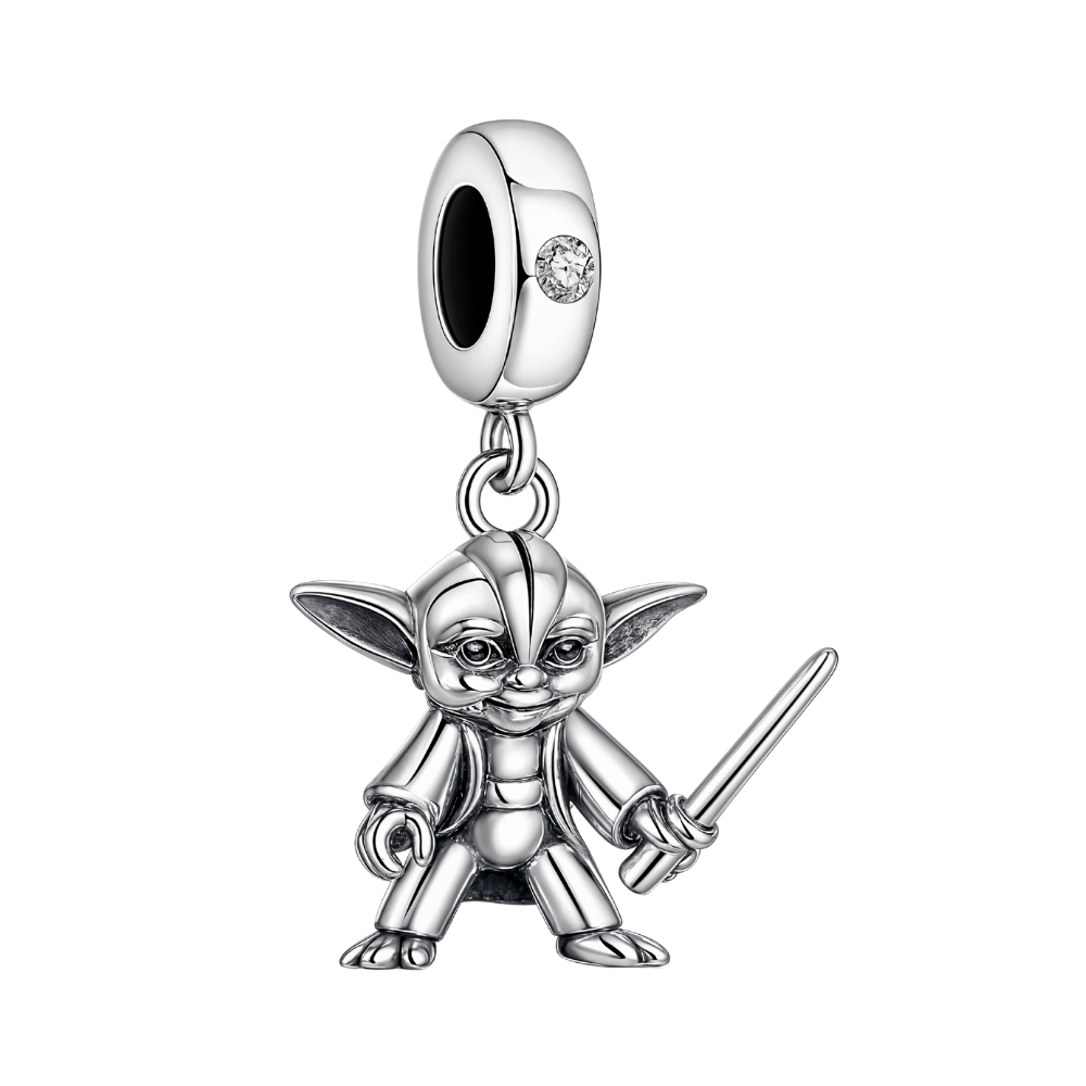 Star Wars Yoda Dangle Charm featuring a detailed Yoda figure holding a lightsaber, perfect for charm bracelets.