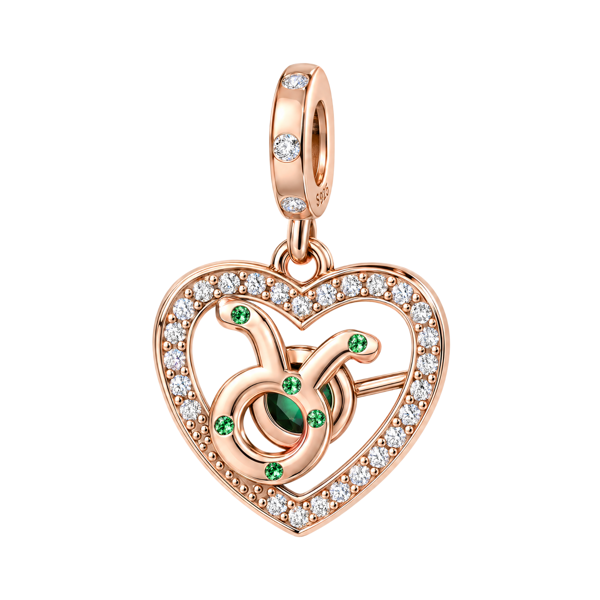 Rose Gold Sparkling Taurus Dangle Charm with clear pavé crystals and emerald green accents in an open heart design.