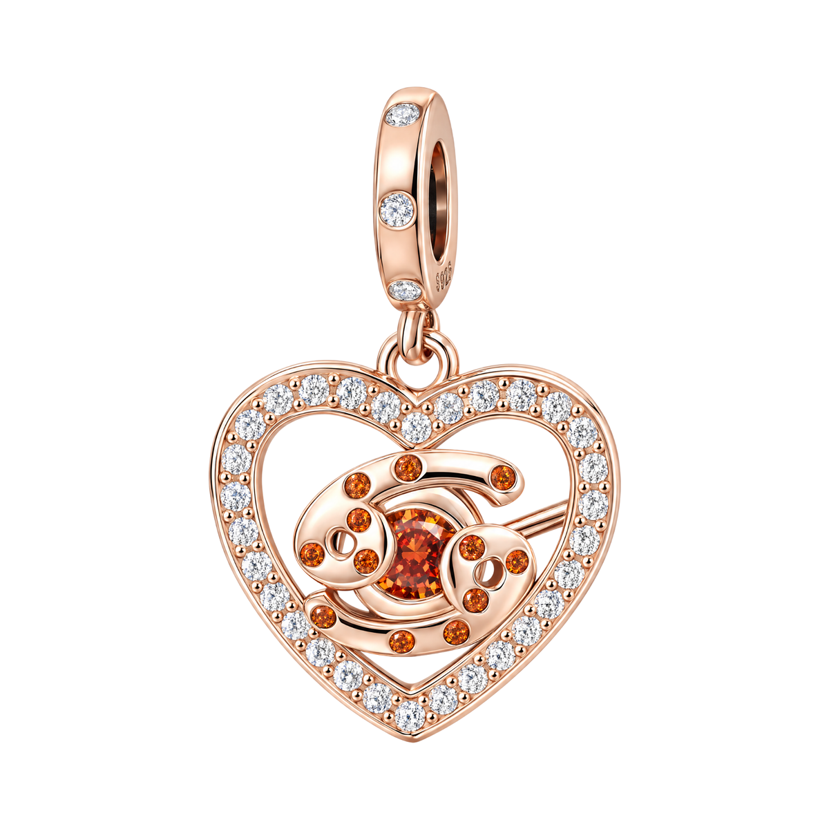 Rose Gold Sparkling Cancer Dangle Charm featuring a crystal-framed heart and orange garnet zodiac sign.