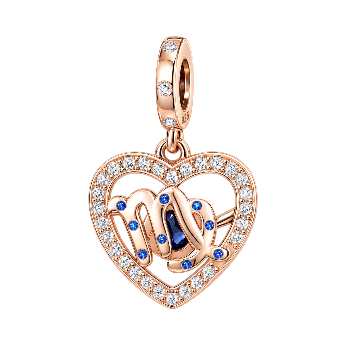 Rose Gold Sparkling Virgo Dangle Charm featuring a heart frame with clear crystals and a blue sapphire zodiac symbol.