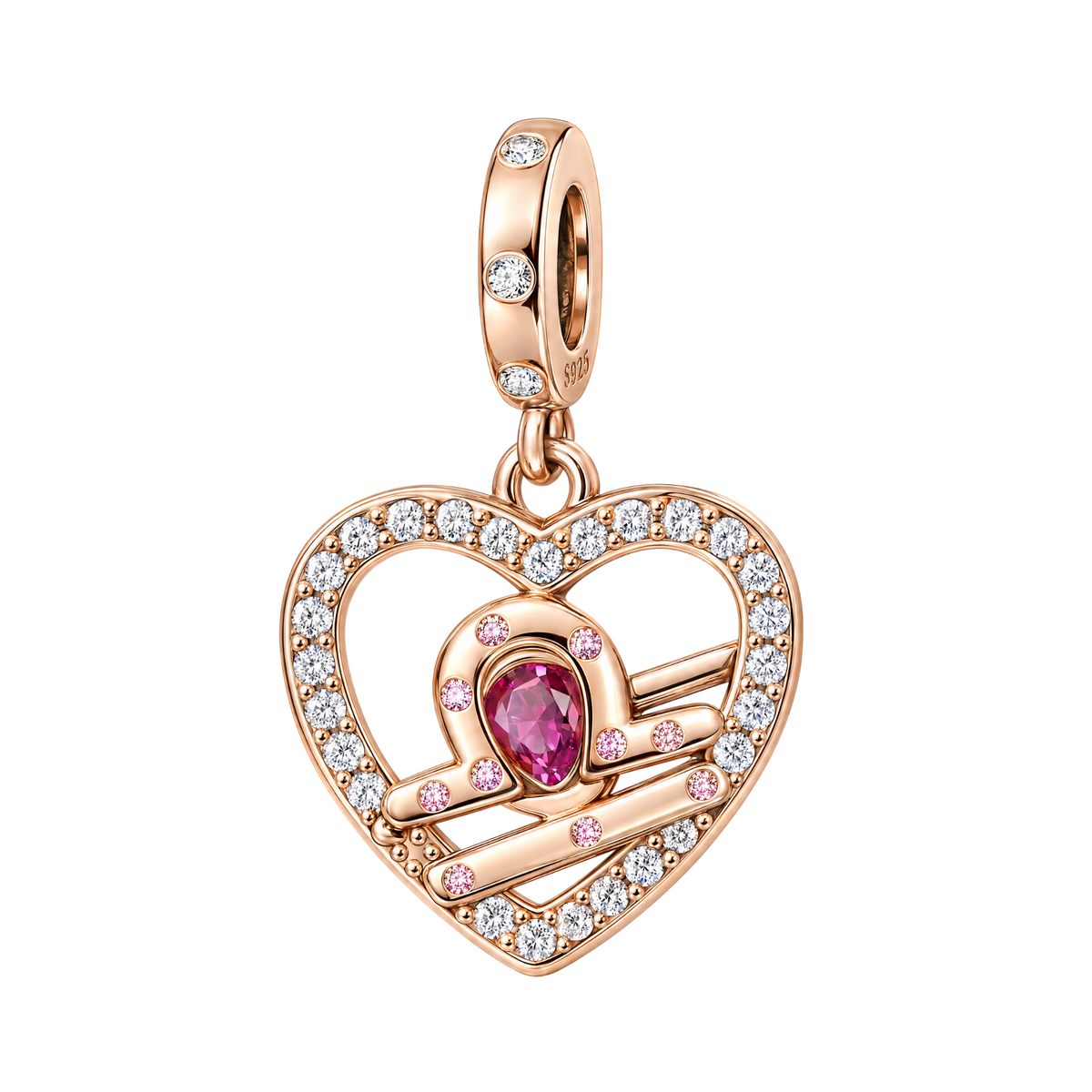 Rose Gold Sparkling Libra Dangle Charm with clear pavé crystals and a pink zodiac symbol
