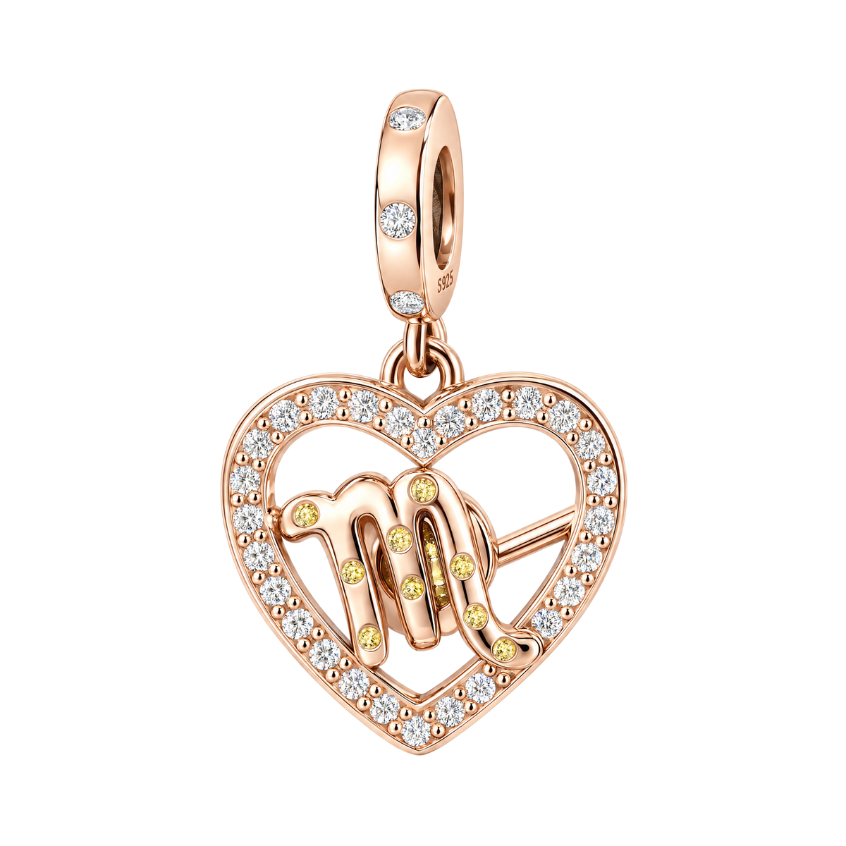 Rose Gold Sparkling Scorpio Dangle Charm featuring a paved heart with the Scorpio zodiac symbol.