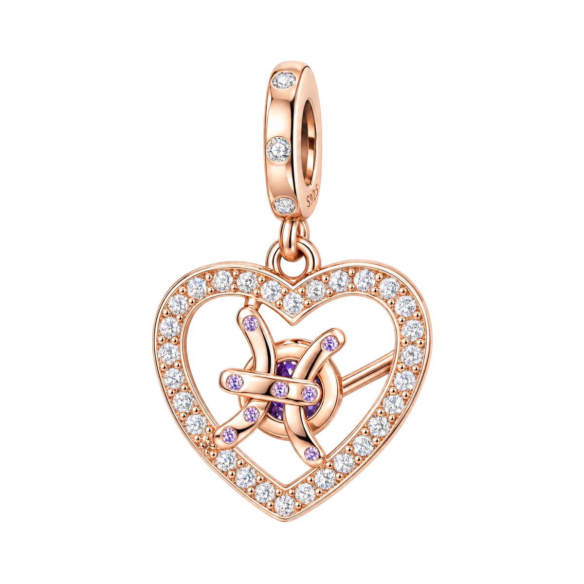 Rose Gold Sparkling Pisces Dangle Charm with lavender stones inside a clear pavé crystal-framed open heart.