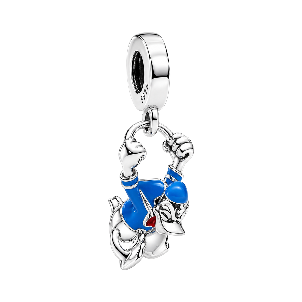 Sterling silver Disney Donald Duck Laughing Dangle Charm with vibrant blue enamel detail.