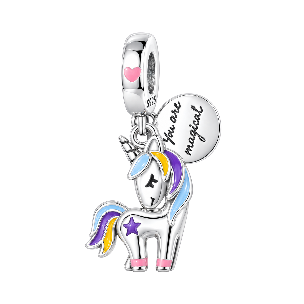 You Are Magical Colour Change Unicorn Charm in sterling silver with a rainbow mane, pink hooves, and engraved disc.