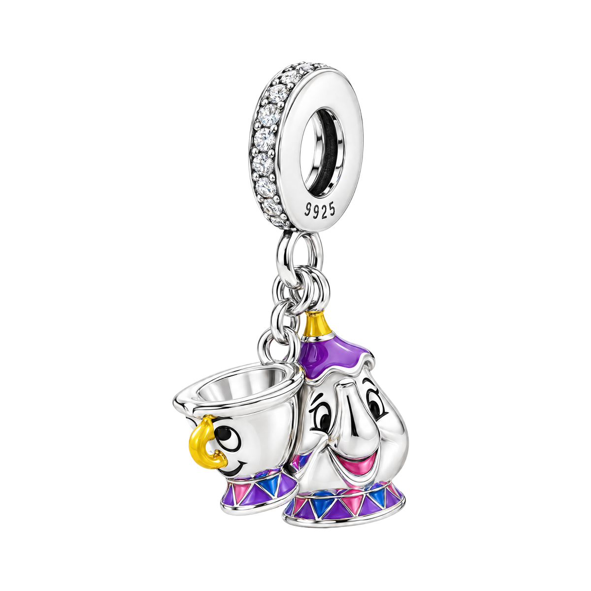 Disney Beauty and the Beast Colorful Mrs Potts and Chip Dangle Charm in sterling silver with purple and blue enamel.