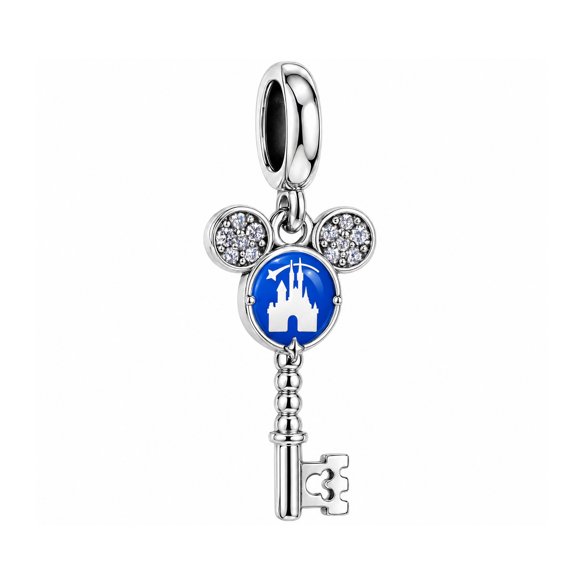 Disney Castle Key Dangle Charm in sterling silver with blue enamel and sparkling stone Mickey ears.