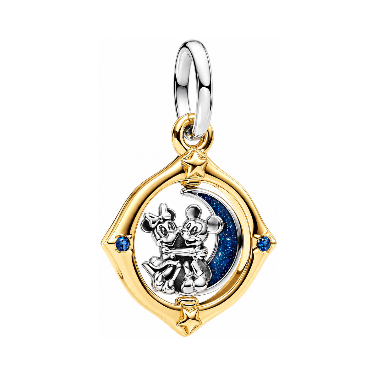 Disney Mickey & Minnie Stargazing Pendant showing Mickey and Minnie on a glittering blue crescent moon within a gold star setting.