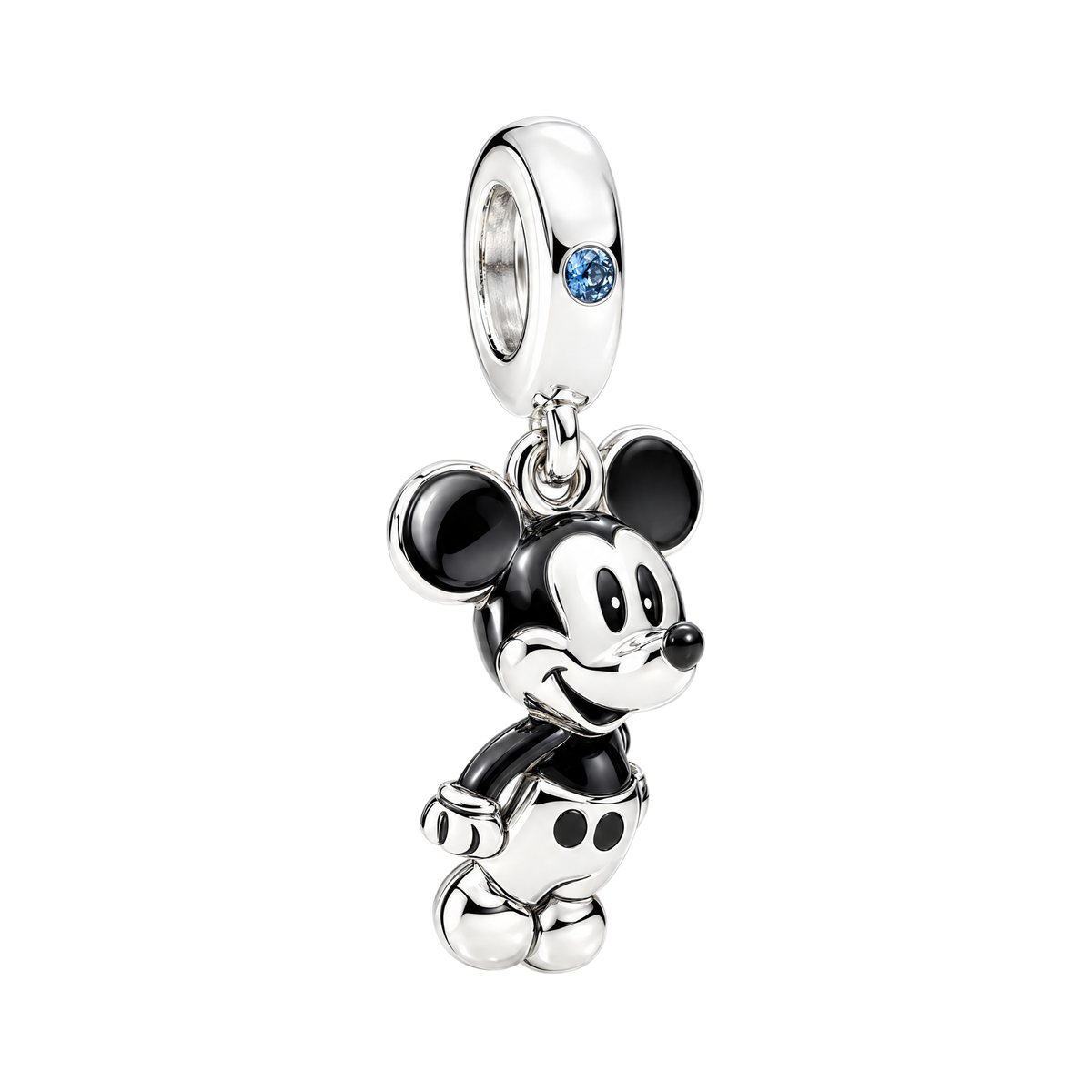 Disney Mickey Mouse Playful Dangle Charm in sterling silver with black enamel details and a blue crystal on the bail.