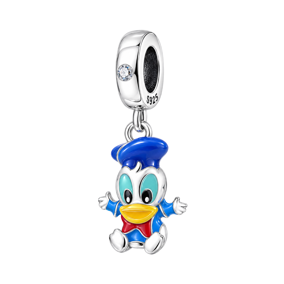 Disney Baby Donald Duck Dangle Charm in sterling silver with blue and yellow enamel details.