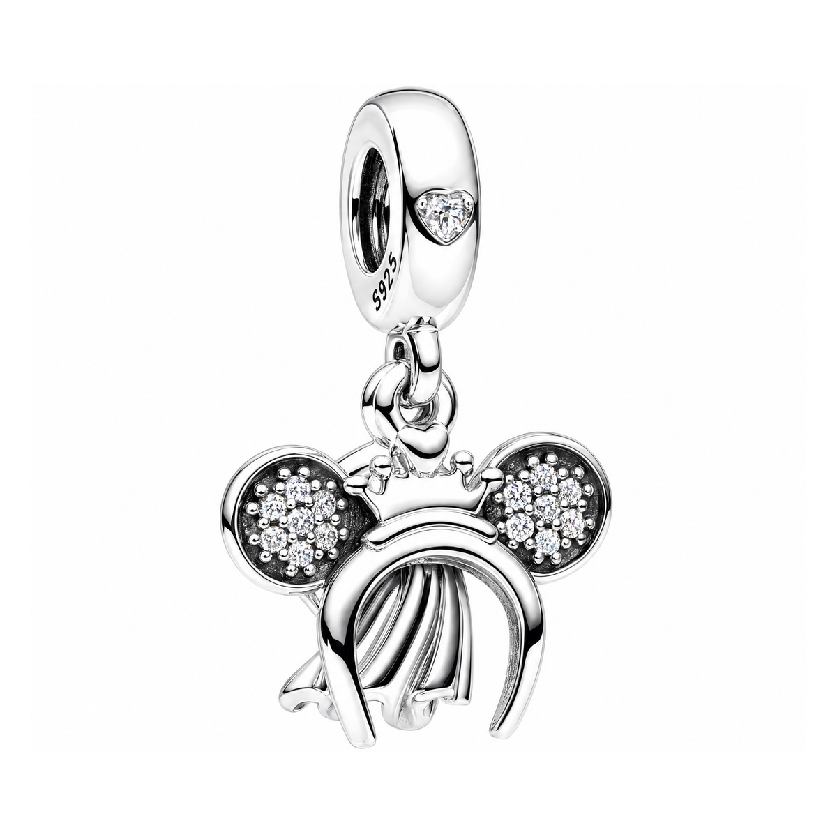 Sterling silver Disney Minnie Mouse Bridal Headband and Ring Dangle Charm with sparkling details.