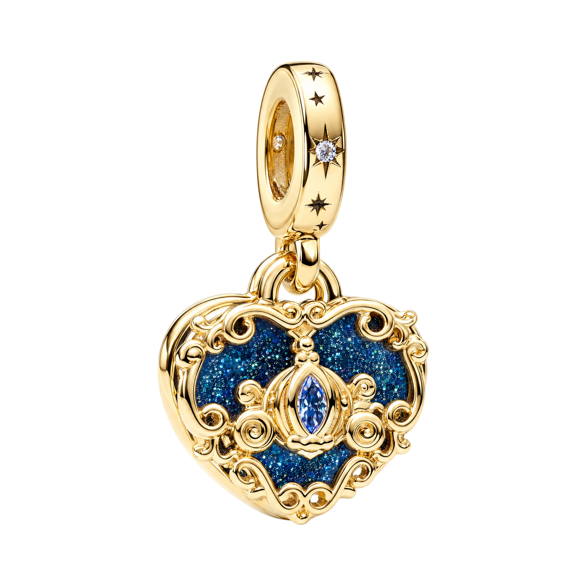 Gold heart-shaped Disney Cinderella Enchanted Carriage Dangle Charm with blue glitter and an elegant carriage design.
