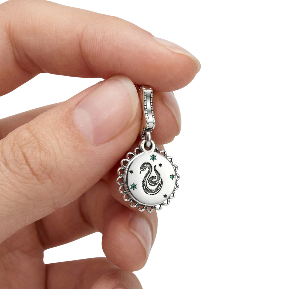 Hand holding a Harry Potter Slytherin Dangle Charm featuring a serpent design and decorative stars.