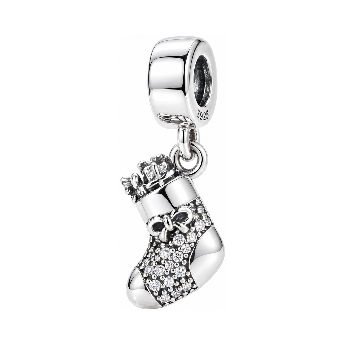 Sparkling Christmas Stocking Dangle Charm in sterling silver with pavé crystals, a bow detail, and tiny gifts peeking out.