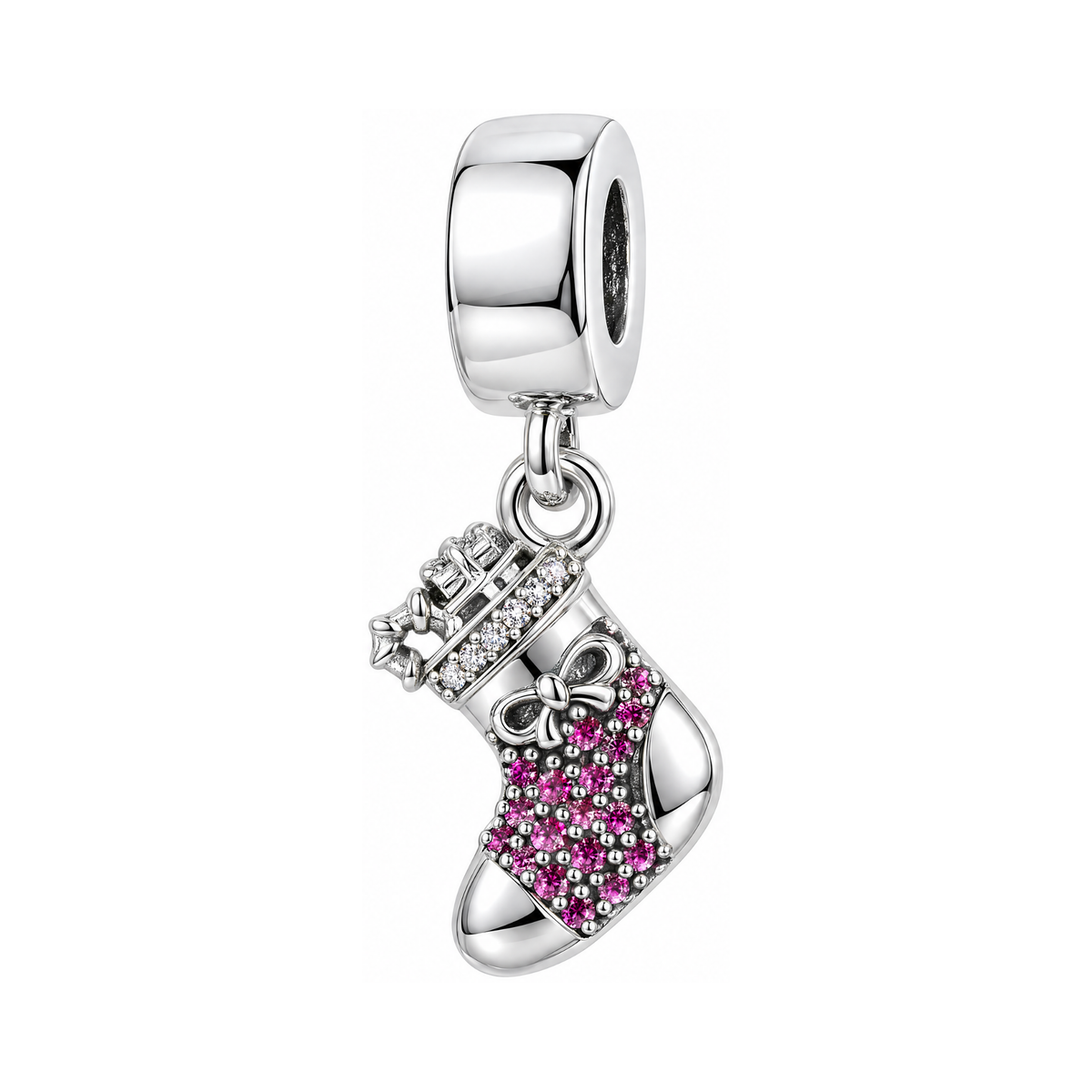 Silver Pink Sparkling Christmas Stocking Dangle Charm with pink pavé crystals, bow, and gifts.