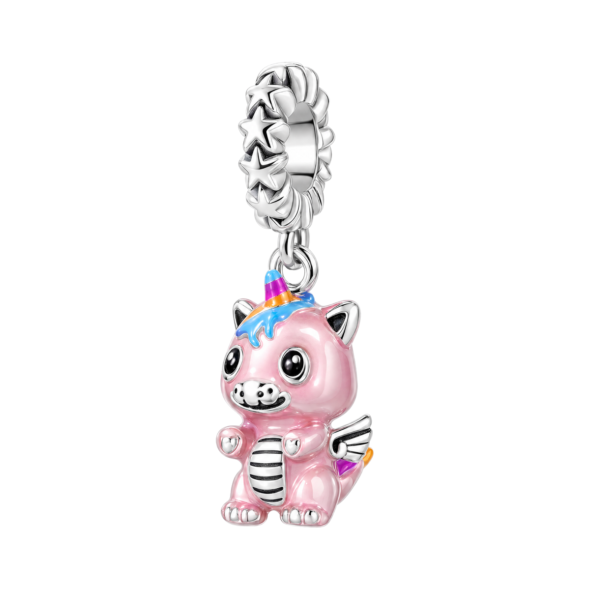 Pink Rainbow Unicorn Dino Dangle Charm in sterling silver with enamel details and tiny wings.