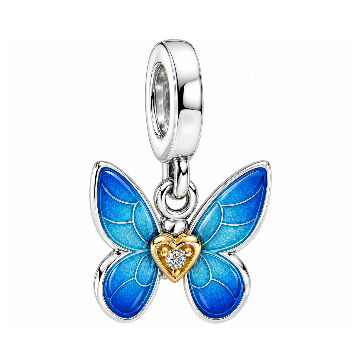 Blue Butterfly Gold Heart Dangle Charm in silver with blue enamel wings and a sparkling gold heart center.
