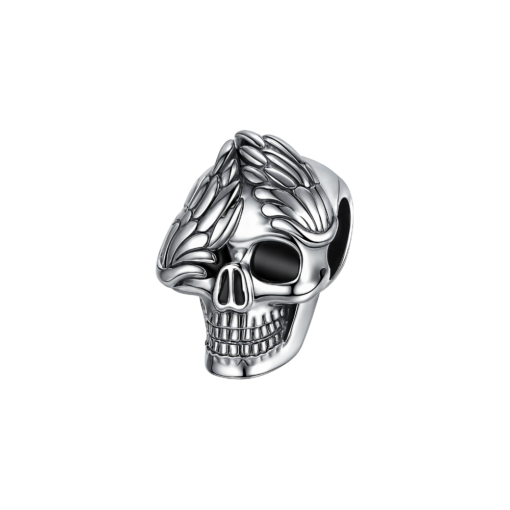 Angel Winged Skull Charm featuring dramatic angel wings on a detailed oxidised silver skull.