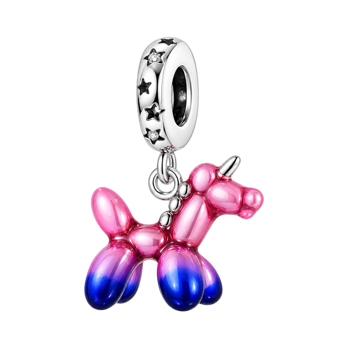 Balloon Animal Unicorn Dangle Charm in a glossy pink-to-blue gradient with a silver star-detailed clasp.