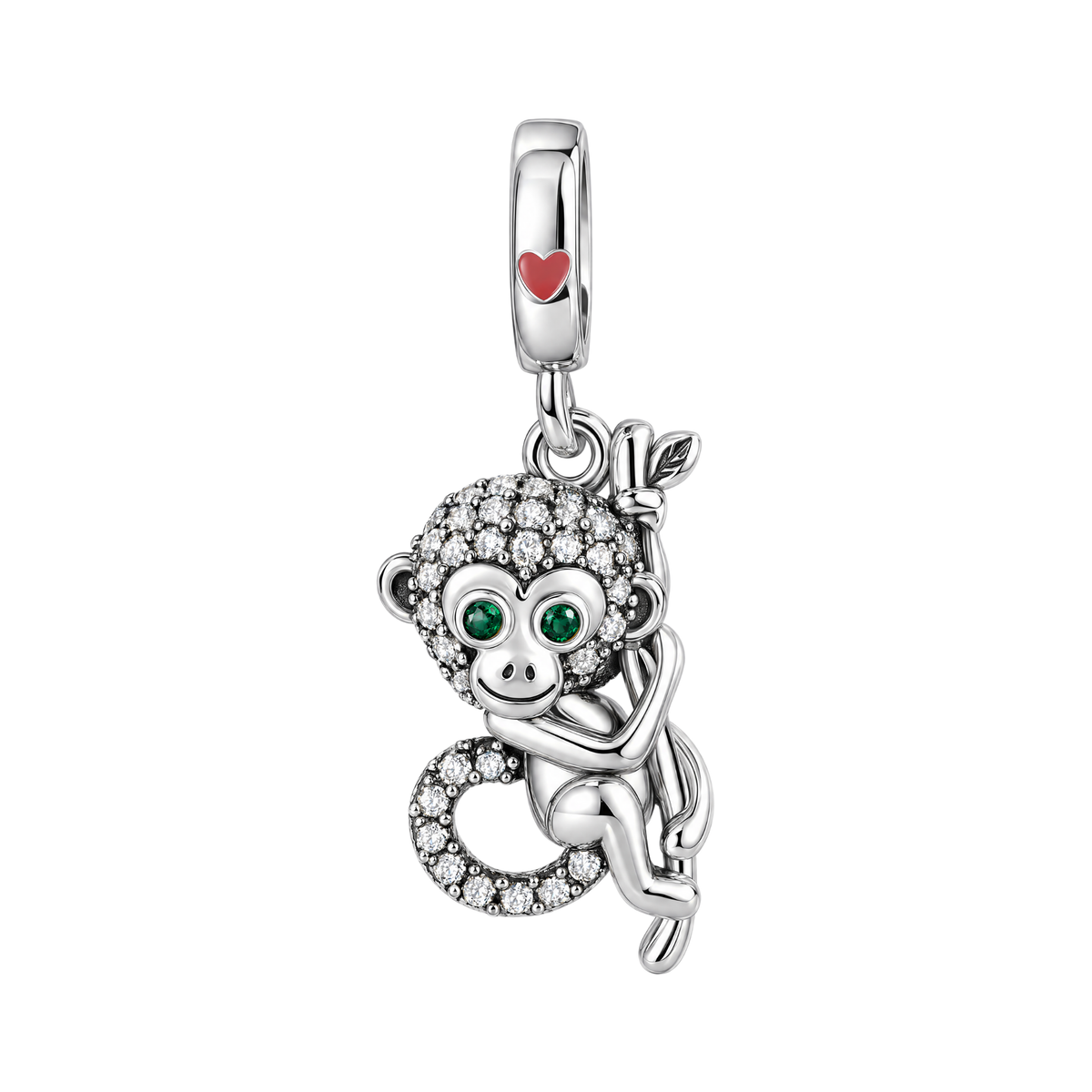 Sparkling Monkey Dangle Charm in sterling silver with green crystal eyes and a pavé head