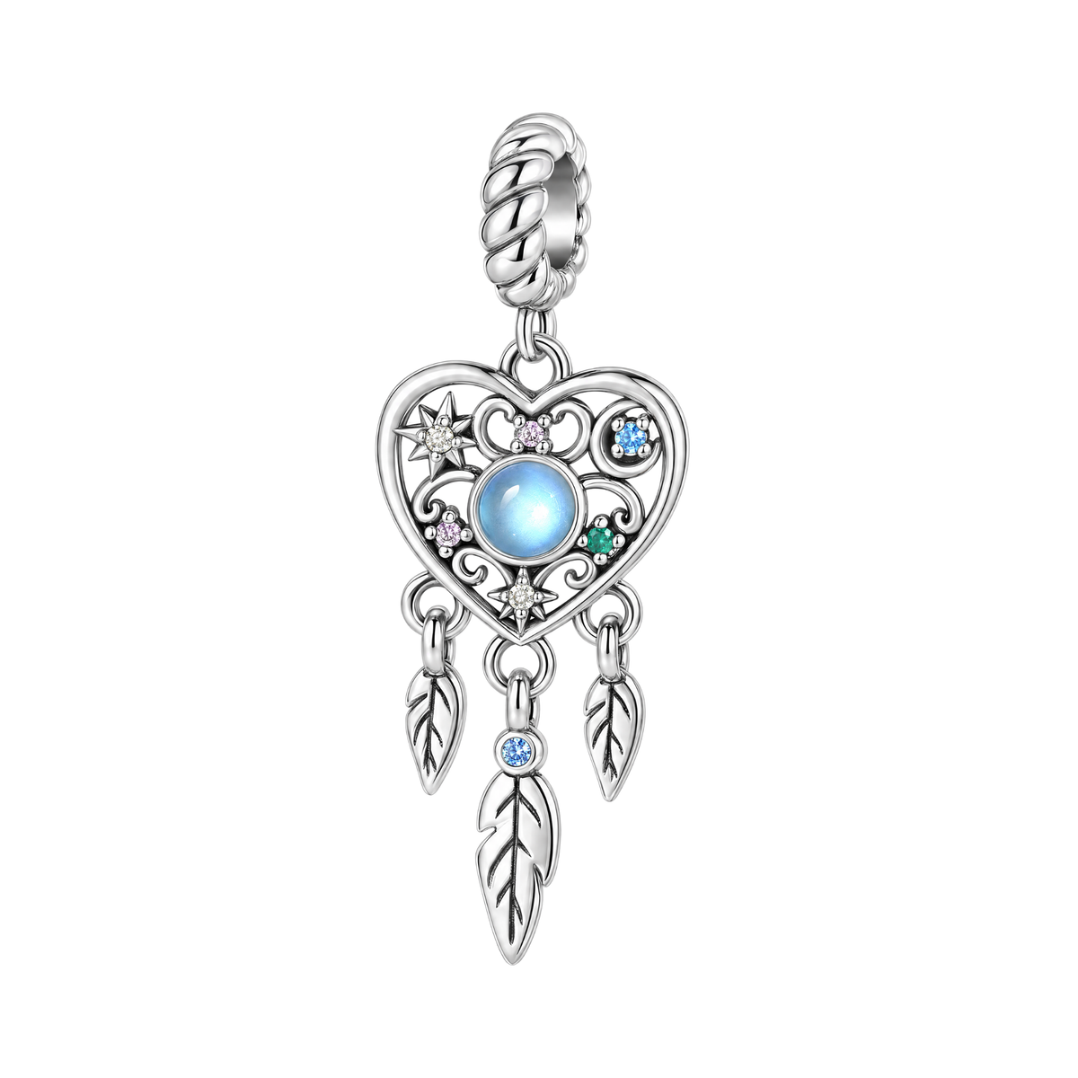 Sterling silver Moonstone Heart Dreamcatcher Dangle Charm featuring a glowing blue center stone, crystal details, and hanging feathers.
