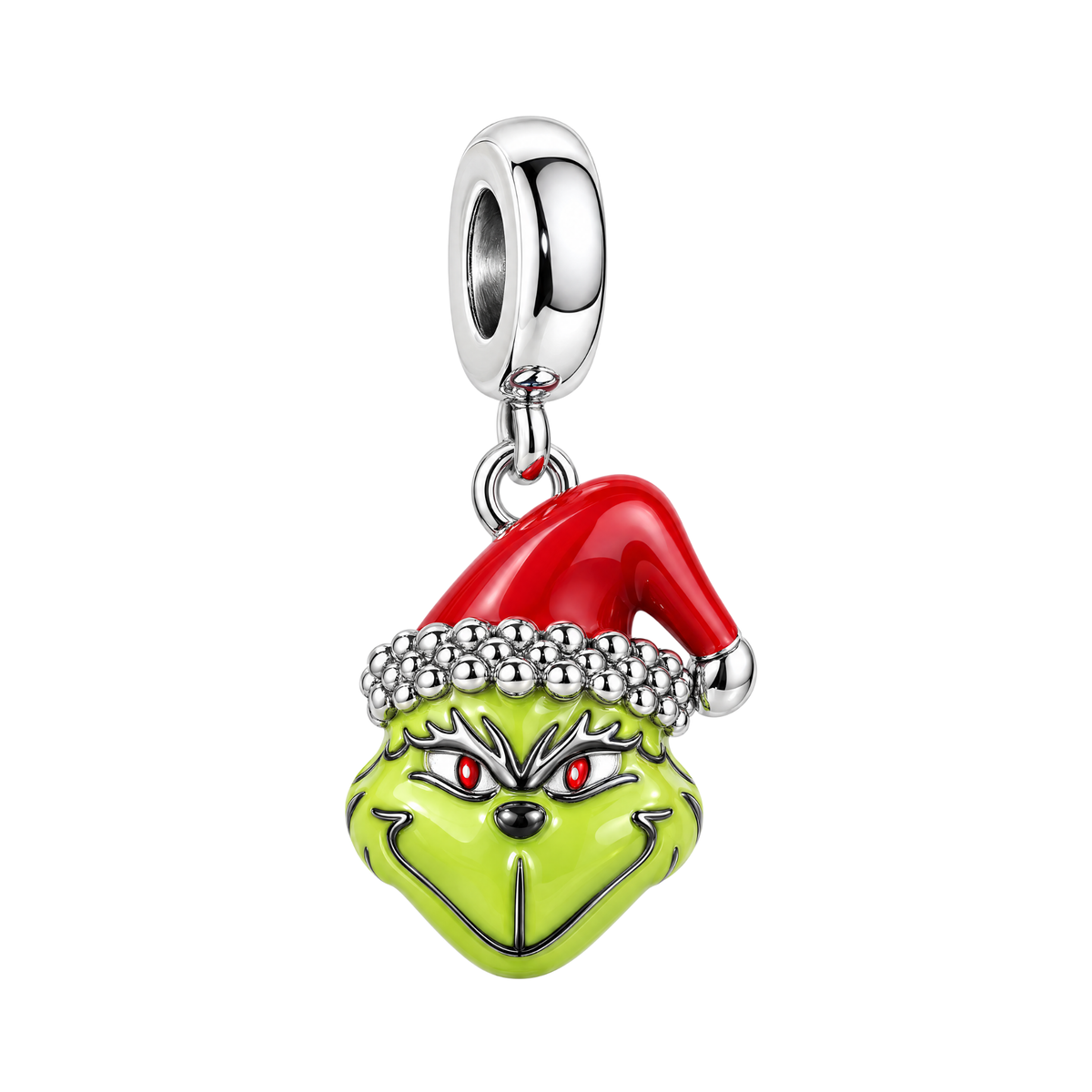 Disney Grinch Santa Hat Dangle Charm featuring green enamel and a red Santa hat on a silver bail.